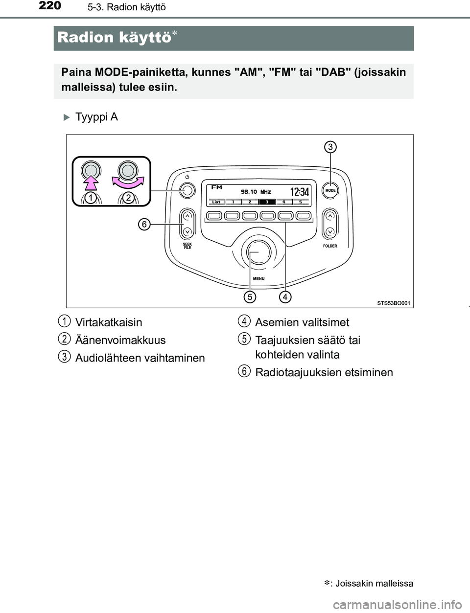 TOYOTA AYGO 2019 Omistajan Käsikirja (in Finnish) 2205-3. Radion käyttö
AYGO_OM_Europe_OM99R19FI
Radion käyttö
Ty y p p i A
: Joissakin malleissa
Paina MODE-painiketta, kunnes "AM", "FM" tai "DAB" (joissakin
malleissa) tulee esiin.
Virt TOYOTA AYGO 2019 Omistajan Käsikirja (in Finnish) 2205-3. Radion käyttö
AYGO_OM_Europe_OM99R19FI
Radion käyttö
Ty y p p i A
: Joissakin malleissa
Paina MODE-painiketta, kunnes "AM", "FM" tai "DAB" (joissakin
malleissa) tulee esiin.
Virt