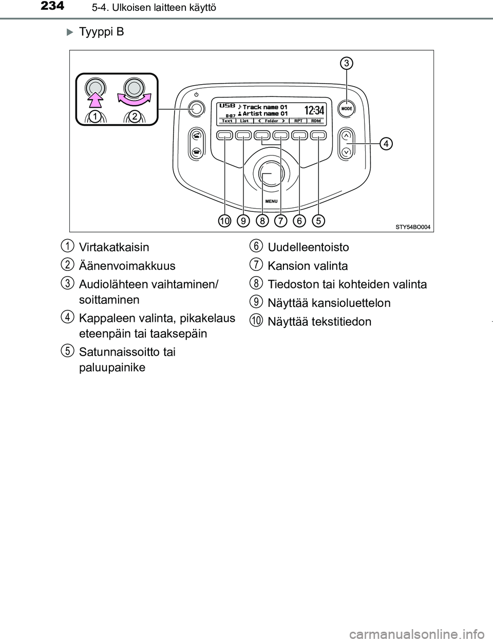 TOYOTA AYGO 2019 Omistajan Käsikirja (in Finnish) 2345-4. Ulkoisen laitteen käyttö
AYGO_OM_Europe_OM99R19FI
Ty y p p i B
Virtakatkaisin
Äänenvoimakkuus
Audiolähteen vaihtaminen/
soittaminen
Kappaleen valinta, pikakelaus
eteenpäin tai taaks TOYOTA AYGO 2019 Omistajan Käsikirja (in Finnish) 2345-4. Ulkoisen laitteen käyttö
AYGO_OM_Europe_OM99R19FI
Ty y p p i B
Virtakatkaisin
Äänenvoimakkuus
Audiolähteen vaihtaminen/
soittaminen
Kappaleen valinta, pikakelaus
eteenpäin tai taaks