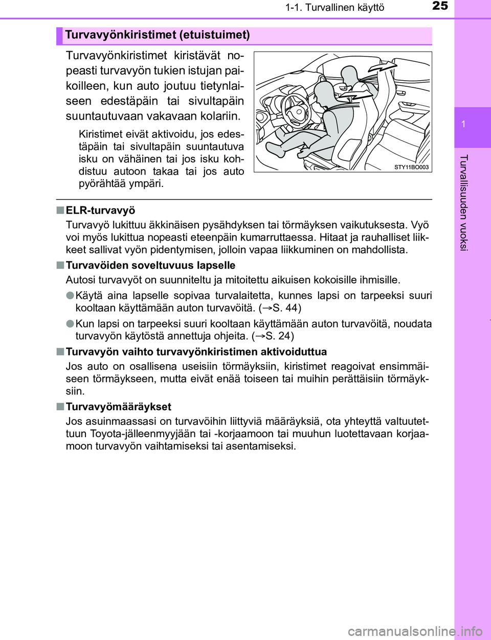 TOYOTA AYGO 2019  Omistajan Käsikirja (in Finnish) 251-1. Turvallinen käyttö
1
Turvallisuuden vuoksi
AYGO_OM_Europe_OM99R19FI
Turvavyönkiristimet kiristävät no-
peasti turvavyön tukien istujan pai-
koilleen, kun auto joutuu tietynlai-
seen edest