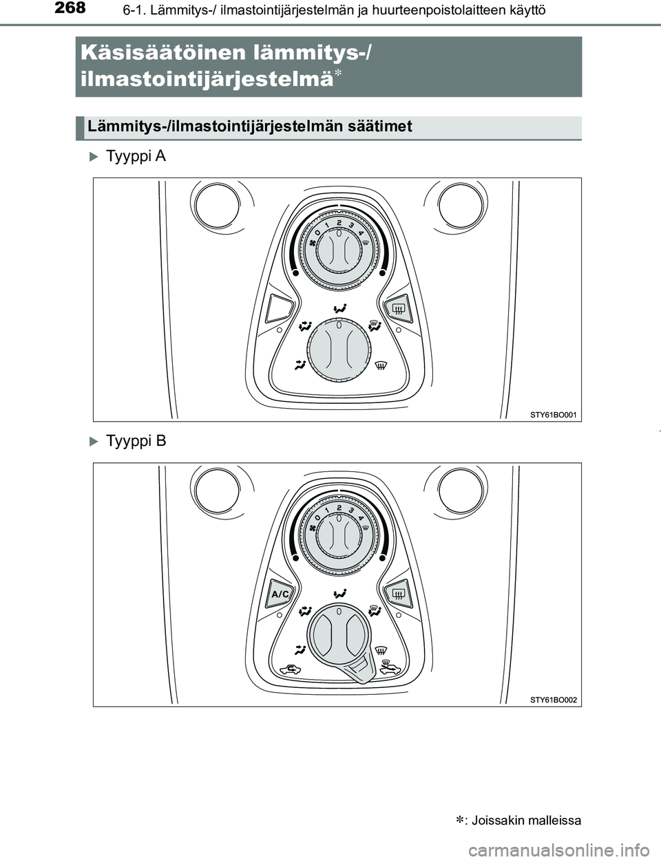 TOYOTA AYGO 2019 Omistajan Käsikirja (in Finnish) 2686-1. Lämmitys-/ ilmastointijärjestelmän ja huurteenpoistolaitteen käyttö
AYGO_OM_Europe_OM99R19FI
Käsisäätöinen lämmitys-/
ilmastointijärjestelmä
Ty y p p i A
Ty y p p i B
TOYOTA AYGO 2019 Omistajan Käsikirja (in Finnish) 2686-1. Lämmitys-/ ilmastointijärjestelmän ja huurteenpoistolaitteen käyttö
AYGO_OM_Europe_OM99R19FI
Käsisäätöinen lämmitys-/
ilmastointijärjestelmä
Ty y p p i A
Ty y p p i B