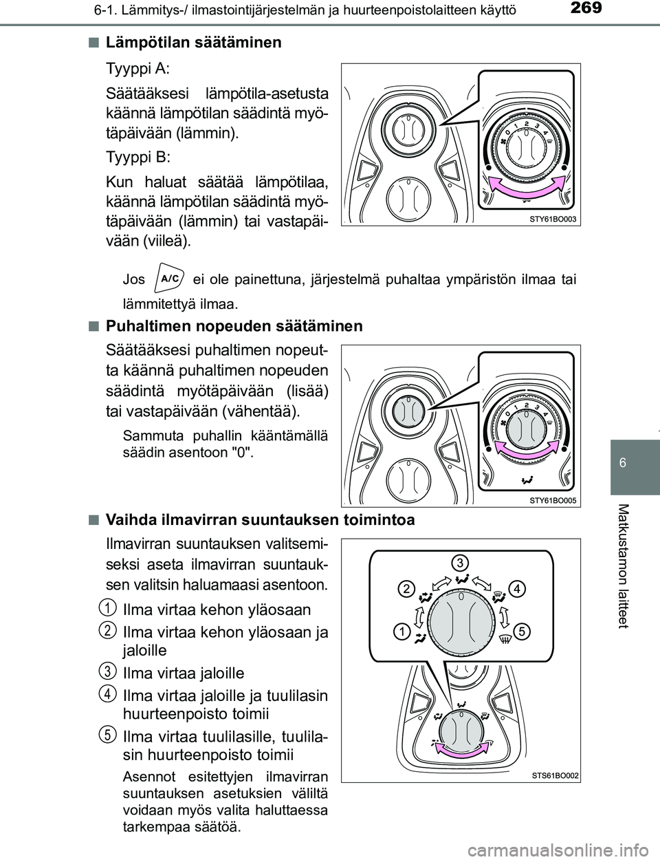TOYOTA AYGO 2019 Omistajan Käsikirja (in Finnish) 2696-1. Lämmitys-/ ilmastointijärjestelmän ja huurteenpoistolaitteen käyttö
6
Matkustamon laitteet
AYGO_OM_Europe_OM99R19FIn
Lämpötilan säätäminen
Ty y p p i A :
Säätääksesi lämpötila TOYOTA AYGO 2019 Omistajan Käsikirja (in Finnish) 2696-1. Lämmitys-/ ilmastointijärjestelmän ja huurteenpoistolaitteen käyttö
6
Matkustamon laitteet
AYGO_OM_Europe_OM99R19FIn
Lämpötilan säätäminen
Ty y p p i A :
Säätääksesi lämpötila