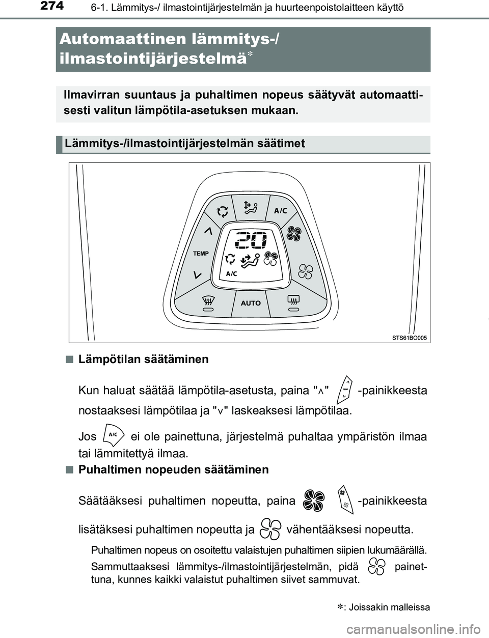 TOYOTA AYGO 2019 Omistajan Käsikirja (in Finnish) 2746-1. Lämmitys-/ ilmastointijärjestelmän ja huurteenpoistolaitteen käyttö
AYGO_OM_Europe_OM99R19FI
Automaattinen lämmitys-/
ilmastointijärjestelmä
nLämpötilan säätäminen
Kun haluat TOYOTA AYGO 2019 Omistajan Käsikirja (in Finnish) 2746-1. Lämmitys-/ ilmastointijärjestelmän ja huurteenpoistolaitteen käyttö
AYGO_OM_Europe_OM99R19FI
Automaattinen lämmitys-/
ilmastointijärjestelmä
nLämpötilan säätäminen
Kun haluat