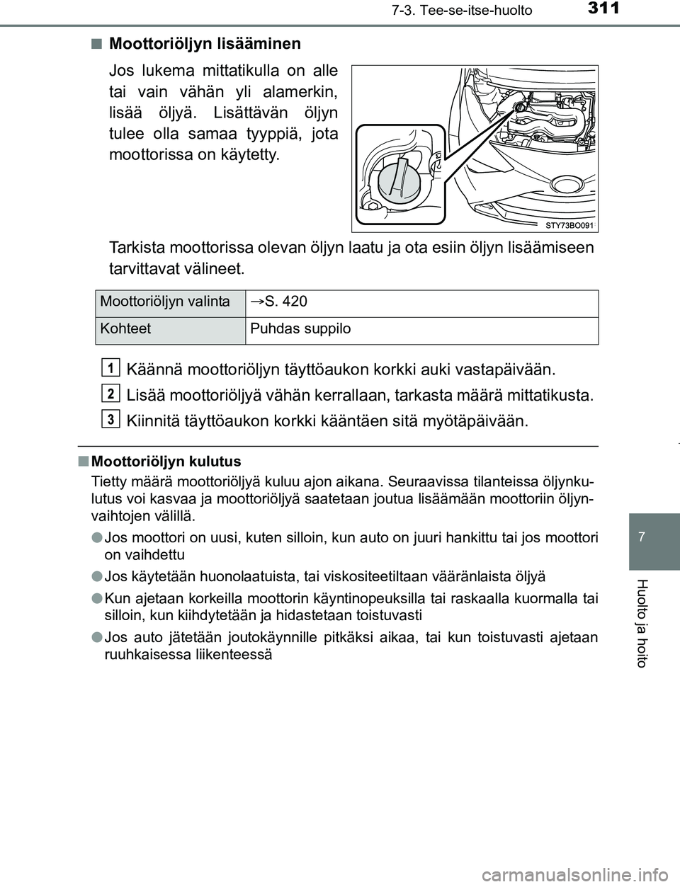 TOYOTA AYGO 2019 Omistajan Käsikirja (in Finnish) 3117-3. Tee-se-itse-huolto
7
Huolto ja hoito
AYGO_OM_Europe_OM99R19FIn
Moottoriöljyn lisääminen
Jos lukema mittatikulla on alle
tai vain vähän yli alamerkin,
lisää öljyä. Lisättävän öljyn TOYOTA AYGO 2019 Omistajan Käsikirja (in Finnish) 3117-3. Tee-se-itse-huolto
7
Huolto ja hoito
AYGO_OM_Europe_OM99R19FIn
Moottoriöljyn lisääminen
Jos lukema mittatikulla on alle
tai vain vähän yli alamerkin,
lisää öljyä. Lisättävän öljyn