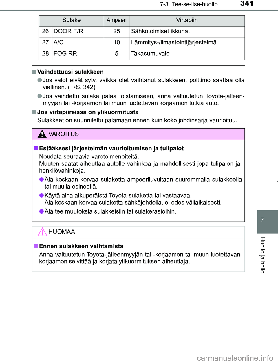 TOYOTA AYGO 2019 Omistajan Käsikirja (in Finnish) 3417-3. Tee-se-itse-huolto
7
Huolto ja hoito
AYGO_OM_Europe_OM99R19FI
nVaihdettuasi sulakkeen
lJos valot eivät syty, vaikka olet vaihtanut sulakkeen, polttimo saattaa olla
viallinen. ( S. 342)
l J TOYOTA AYGO 2019 Omistajan Käsikirja (in Finnish) 3417-3. Tee-se-itse-huolto
7
Huolto ja hoito
AYGO_OM_Europe_OM99R19FI
nVaihdettuasi sulakkeen
lJos valot eivät syty, vaikka olet vaihtanut sulakkeen, polttimo saattaa olla
viallinen. ( S. 342)
l J
