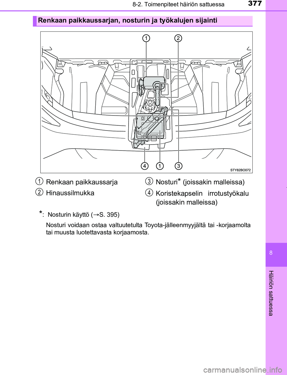 TOYOTA AYGO 2019 Omistajan Käsikirja (in Finnish) 3778-2. Toimenpiteet häiriön sattuessa
8
Häiriön sattuessa
AYGO_OM_Europe_OM99R19FI
*: Nosturin käyttö (S. 395)
Nosturi voidaan ostaa valtuutetulta Toyota-jälleenmyyjältä tai -korjaamolta TOYOTA AYGO 2019 Omistajan Käsikirja (in Finnish) 3778-2. Toimenpiteet häiriön sattuessa
8
Häiriön sattuessa
AYGO_OM_Europe_OM99R19FI
*: Nosturin käyttö (S. 395)
Nosturi voidaan ostaa valtuutetulta Toyota-jälleenmyyjältä tai -korjaamolta