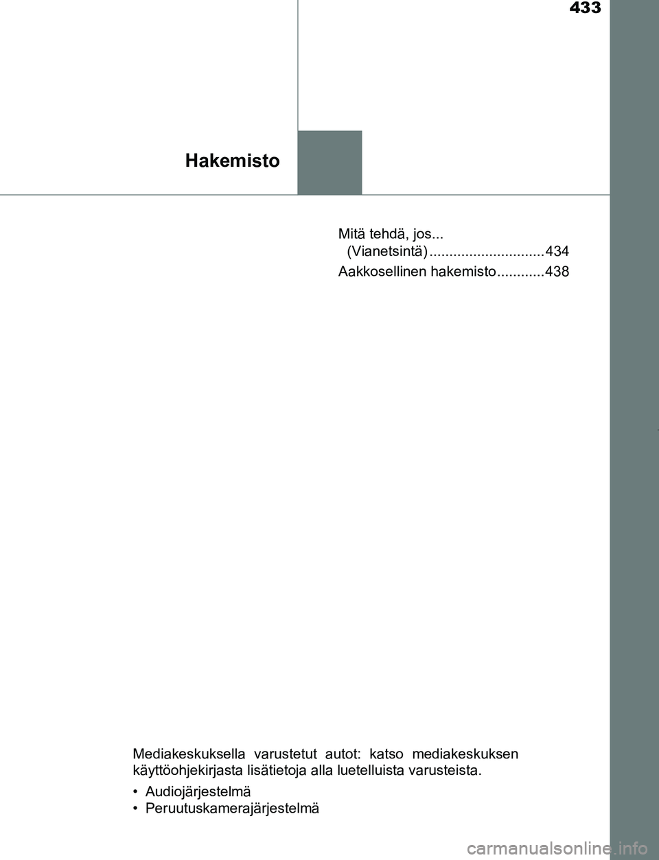 TOYOTA AYGO 2019 Omistajan Käsikirja (in Finnish) 433
Hakemisto
AYGO_OM_Europe_OM99R19FIMitä tehdä, jos...
(Vianetsintä) ............................. 434
Aakkosellinen hakemisto ............ 438
Mediakeskuksella varustetut autot: katso mediakesk TOYOTA AYGO 2019 Omistajan Käsikirja (in Finnish) 433
Hakemisto
AYGO_OM_Europe_OM99R19FIMitä tehdä, jos...
(Vianetsintä) ............................. 434
Aakkosellinen hakemisto ............ 438
Mediakeskuksella varustetut autot: katso mediakesk