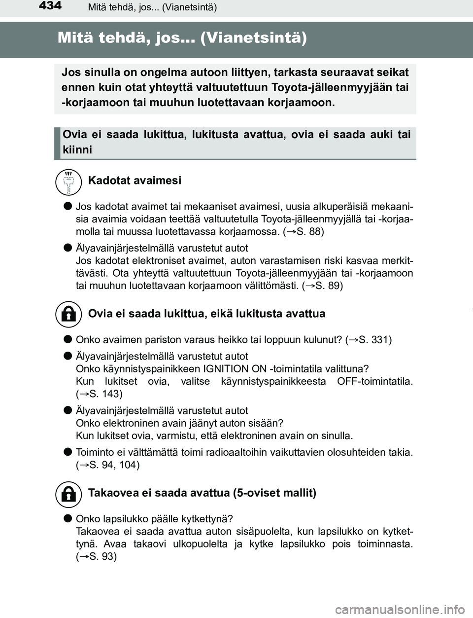 TOYOTA AYGO 2019 Omistajan Käsikirja (in Finnish) 434Mitä tehdä, jos... (Vianetsintä)
AYGO_OM_Europe_OM99R19FI
Mitä tehdä, jos... (Vianetsintä)
lJos kadotat avaimet tai mekaaniset avaimesi, uusia alkuperäisiä mekaani-
sia avaimia voidaan teet TOYOTA AYGO 2019 Omistajan Käsikirja (in Finnish) 434Mitä tehdä, jos... (Vianetsintä)
AYGO_OM_Europe_OM99R19FI
Mitä tehdä, jos... (Vianetsintä)
lJos kadotat avaimet tai mekaaniset avaimesi, uusia alkuperäisiä mekaani-
sia avaimia voidaan teet