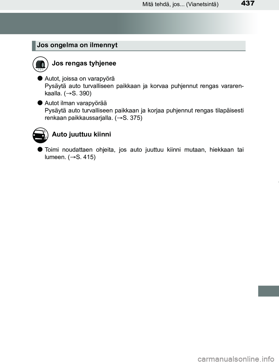 TOYOTA AYGO 2019 Omistajan Käsikirja (in Finnish) 437Mitä tehdä, jos... (Vianetsintä)
AYGO_OM_Europe_OM99R19FI
lAutot, joissa on varapyörä
Pysäytä auto turvalliseen paikkaan ja korvaa puhjennut rengas vara\
ren-
kaalla. (S. 390)
lAutot ilma TOYOTA AYGO 2019 Omistajan Käsikirja (in Finnish) 437Mitä tehdä, jos... (Vianetsintä)
AYGO_OM_Europe_OM99R19FI
lAutot, joissa on varapyörä
Pysäytä auto turvalliseen paikkaan ja korvaa puhjennut rengas vara\
ren-
kaalla. (S. 390)
lAutot ilma