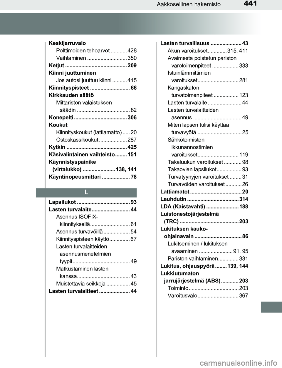 TOYOTA AYGO 2019 Omistajan Käsikirja (in Finnish) 441Aakkosellinen hakemisto
AYGO_OM_Europe_OM99R19FI
KeskijarruvaloPolttimoiden tehoarvot ........... 428
Vaihtaminen ........................... 350
Ketjut .......................................... 2 TOYOTA AYGO 2019 Omistajan Käsikirja (in Finnish) 441Aakkosellinen hakemisto
AYGO_OM_Europe_OM99R19FI
KeskijarruvaloPolttimoiden tehoarvot ........... 428
Vaihtaminen ........................... 350
Ketjut .......................................... 2