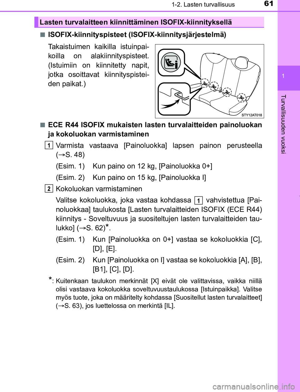 TOYOTA AYGO 2019 Omistajan Käsikirja (in Finnish) 611-2. Lasten turvallisuus
1
Turvallisuuden vuoksi
AYGO_OM_Europe_OM99R19FIn
ISOFIX-kiinnityspisteet (ISOFIX-kiinnitysjärjestelmä)
Takaistuimen kaikilla istuinpai-
koilla on alakiinnityspisteet.
(Is TOYOTA AYGO 2019 Omistajan Käsikirja (in Finnish) 611-2. Lasten turvallisuus
1
Turvallisuuden vuoksi
AYGO_OM_Europe_OM99R19FIn
ISOFIX-kiinnityspisteet (ISOFIX-kiinnitysjärjestelmä)
Takaistuimen kaikilla istuinpai-
koilla on alakiinnityspisteet.
(Is