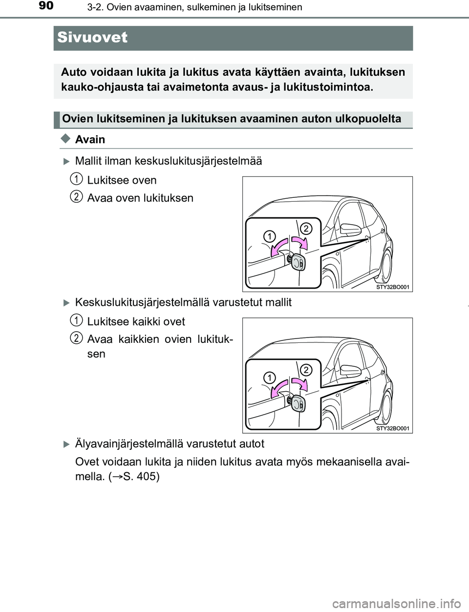 TOYOTA AYGO 2019 Omistajan Käsikirja (in Finnish) 903-2. Ovien avaaminen, sulkeminen ja lukitseminen
AYGO_OM_Europe_OM99R19FI
Sivuovet
uAvain
Mallit ilman keskuslukitusjärjestelmää
Lukitsee oven
Avaa oven lukituksen
Keskuslukitusjärjestel m TOYOTA AYGO 2019 Omistajan Käsikirja (in Finnish) 903-2. Ovien avaaminen, sulkeminen ja lukitseminen
AYGO_OM_Europe_OM99R19FI
Sivuovet
uAvain
Mallit ilman keskuslukitusjärjestelmää
Lukitsee oven
Avaa oven lukituksen
Keskuslukitusjärjestel m