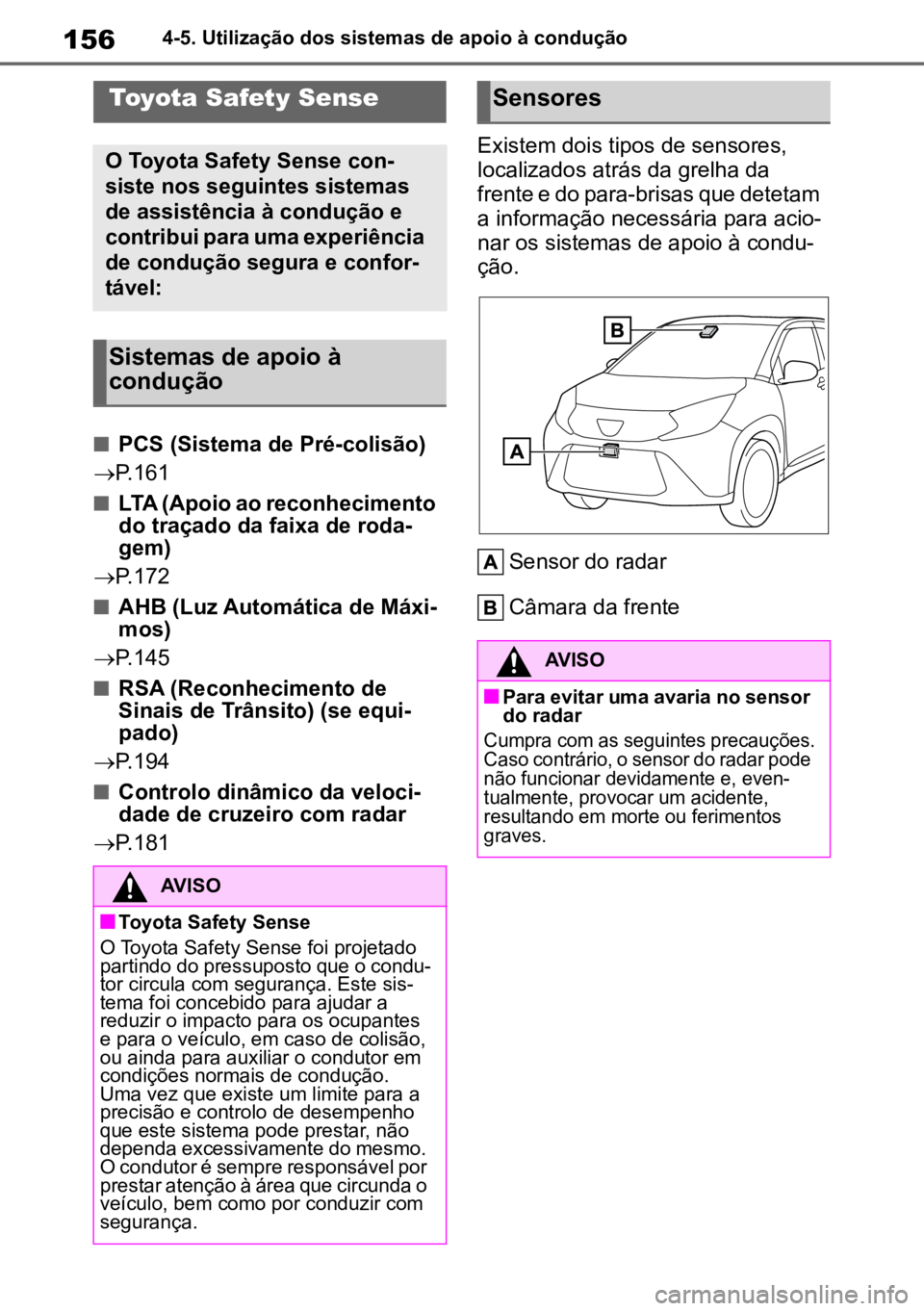 TOYOTA AYGO X 2022  Manual de utilização (in Portuguese) 1564-5. Utilização dos sistemas de apoio à condução
4-5.Utilização dos sistemas de apoio à condução
nPCS (Sistema de Pré-colisão)
 P.161
nLTA (Apoio ao reconhecimento 
do traçado da fa