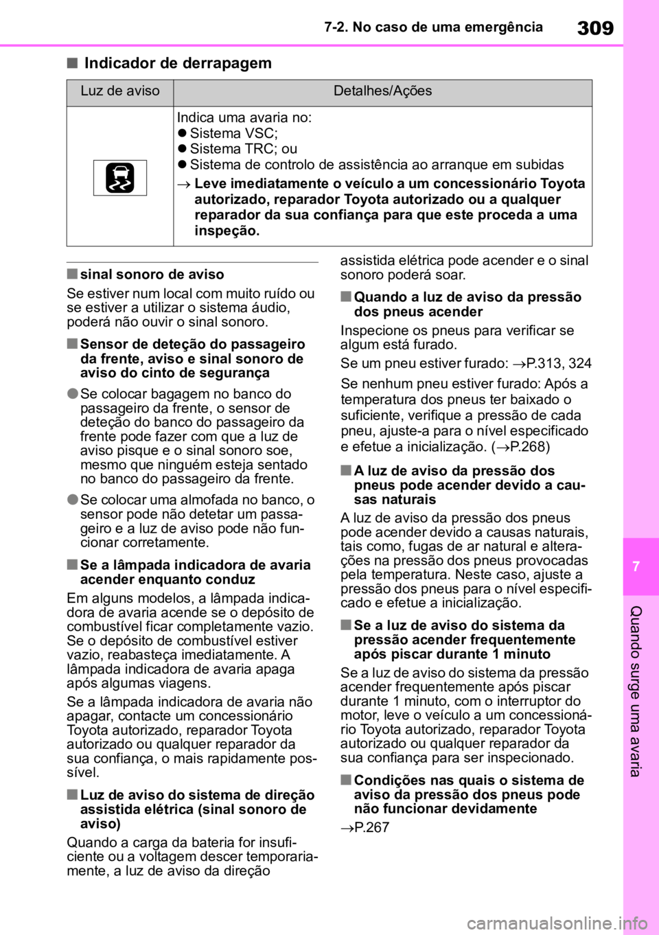 TOYOTA AYGO X 2022 Manual de utilização (in Portuguese) 309
7
7-2. No caso de uma emergência
Quando surge uma avaria
nIndicador de derrapagem
nsinal sonoro de aviso
Se estiver num local com muito ruído ou
se estiver a utilizar o sistema áudio,
poderá TOYOTA AYGO X 2022 Manual de utilização (in Portuguese) 309
7
7-2. No caso de uma emergência
Quando surge uma avaria
nIndicador de derrapagem
nsinal sonoro de aviso
Se estiver num local com muito ruído ou
se estiver a utilizar o sistema áudio,
poderá