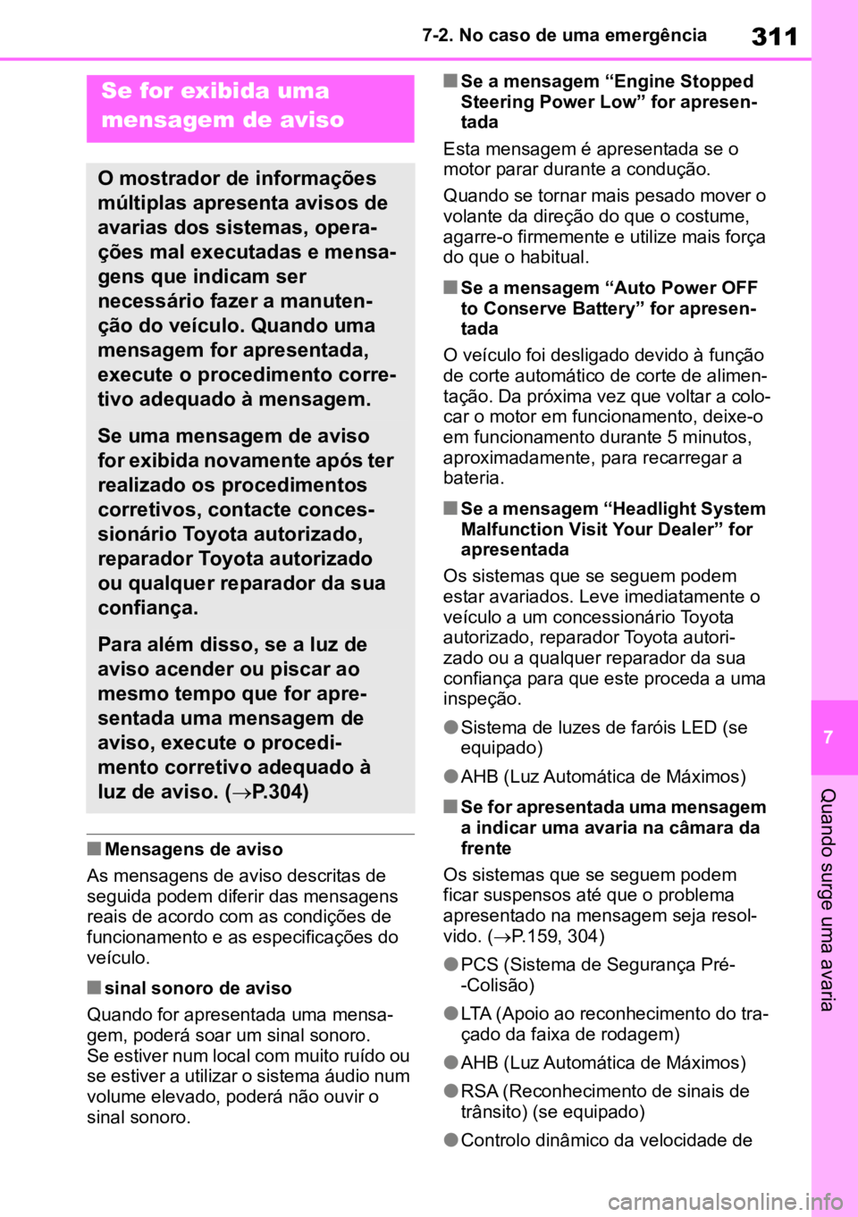 TOYOTA AYGO X 2022 Manual de utilização (in Portuguese) 311
7
7-2. No caso de uma emergência
Quando surge uma avaria
nMensagens de aviso
As mensagens de aviso descritas de
seguida podem diferir das mensagens
reais de acordo com as condições de
funcio TOYOTA AYGO X 2022 Manual de utilização (in Portuguese) 311
7
7-2. No caso de uma emergência
Quando surge uma avaria
nMensagens de aviso
As mensagens de aviso descritas de
seguida podem diferir das mensagens
reais de acordo com as condições de
funcio