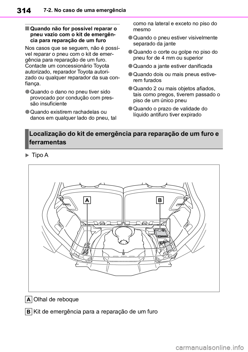TOYOTA AYGO X 2022 Manual de utilização (in Portuguese) 3147-2. No caso de uma emergência
nQuando não for possível reparar o
pneu vazio com o kit de emergên -
cia para reparação de um furo
Nos casos que se seguem, não é possí -
vel reparar o pneu TOYOTA AYGO X 2022 Manual de utilização (in Portuguese) 3147-2. No caso de uma emergência
nQuando não for possível reparar o
pneu vazio com o kit de emergên -
cia para reparação de um furo
Nos casos que se seguem, não é possí -
vel reparar o pneu