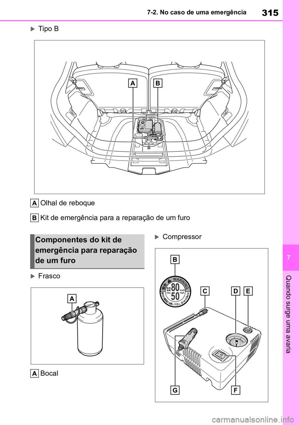 TOYOTA AYGO X 2022 Manual de utilização (in Portuguese) 315
7
7-2. No caso de uma emergência
Quando surge uma avaria
Tipo B
Olhal de reboque
Kit de emergência para a reparação de um furo
Frasco
Bocal
CompressorComponentes do kit de
emergênci TOYOTA AYGO X 2022 Manual de utilização (in Portuguese) 315
7
7-2. No caso de uma emergência
Quando surge uma avaria
Tipo B
Olhal de reboque
Kit de emergência para a reparação de um furo
Frasco
Bocal
CompressorComponentes do kit de
emergênci