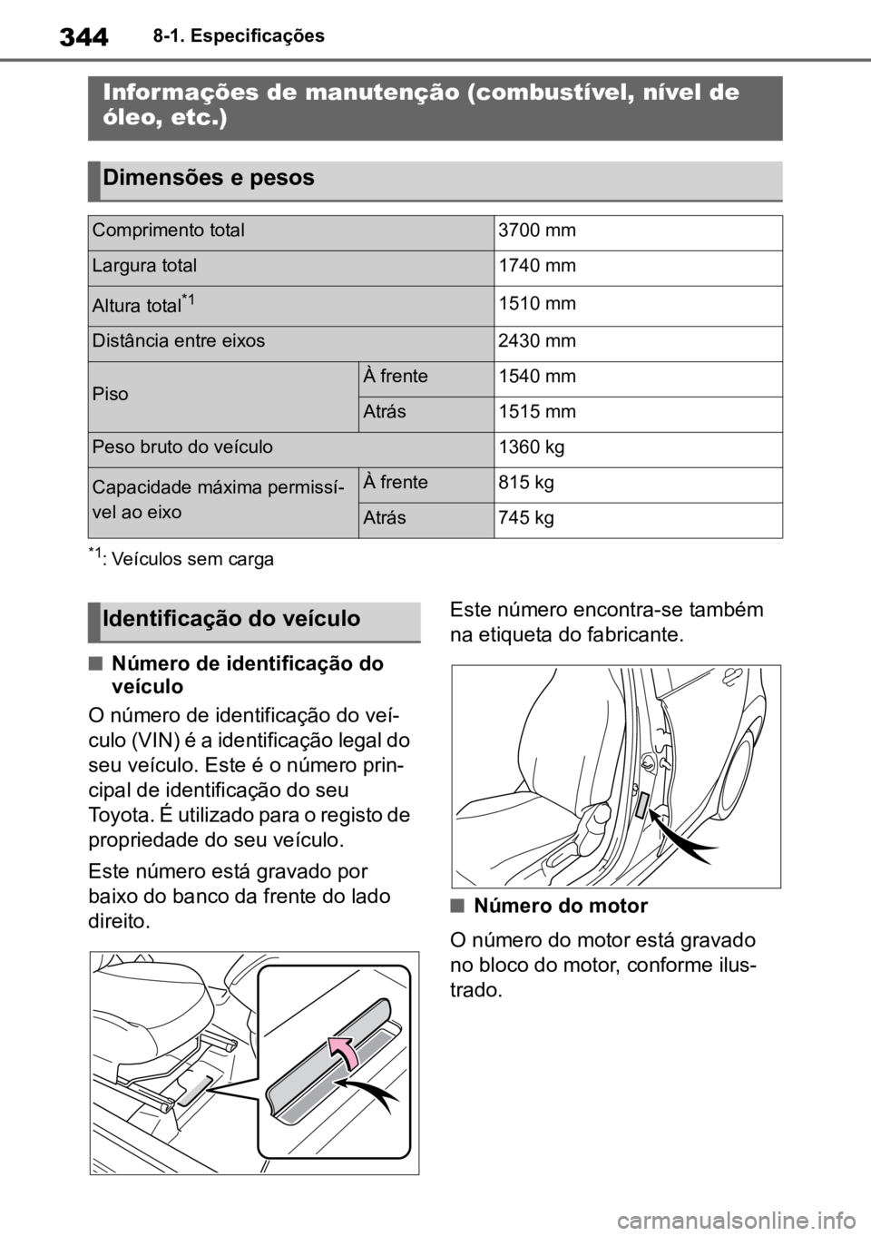 TOYOTA AYGO X 2022  Manual de utilização (in Portuguese) 3448-1. Especificações
8-1.Especificações
*1: Veículos sem carga
nNúmero de identificação do 
veículo
O número de identificação do veí -
culo (VIN) é a identificação legal do 
seu veí