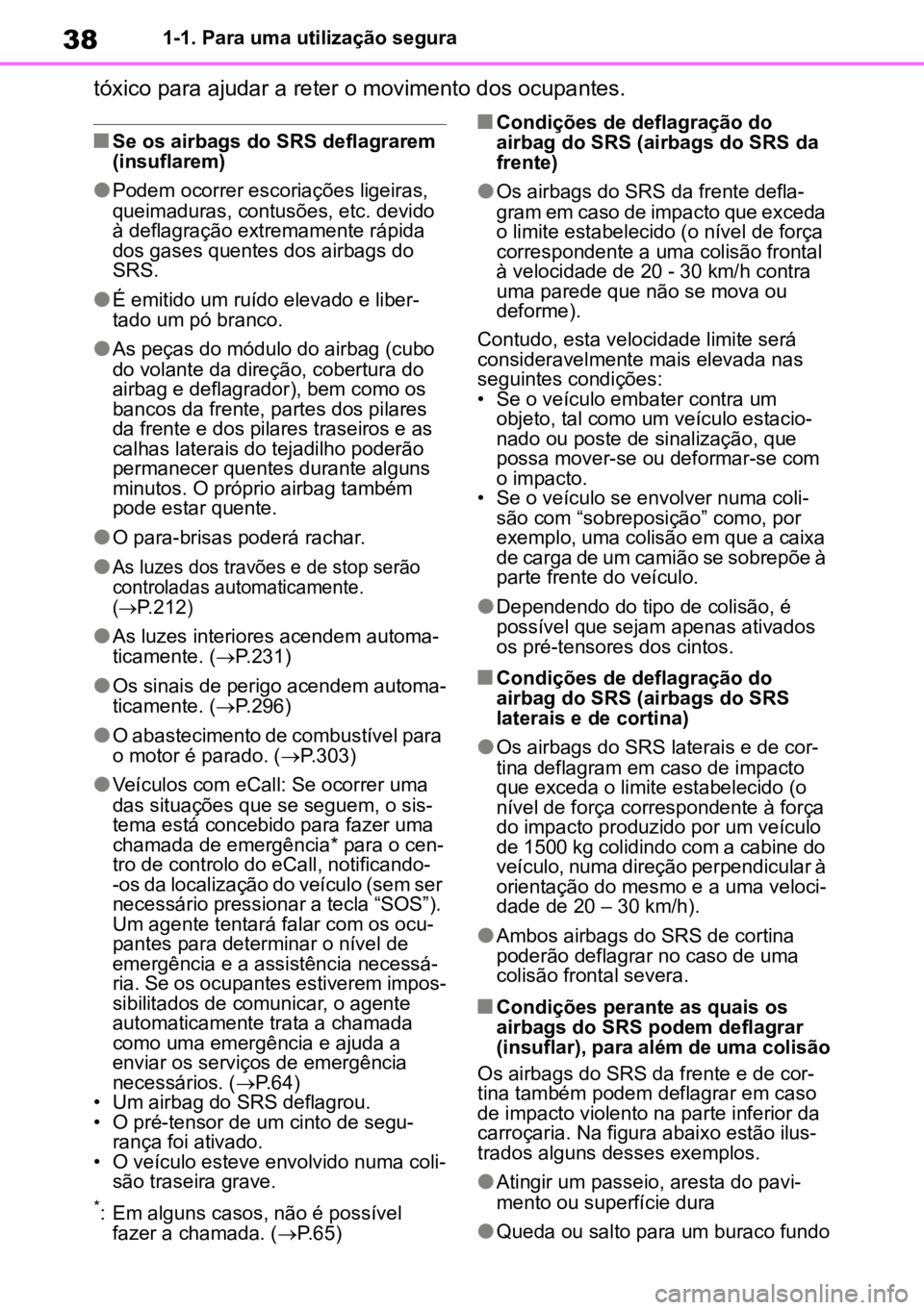 TOYOTA AYGO X 2022  Manual de utilização (in Portuguese) 381-1. Para uma utilização segura
tóxico para ajudar a reter o movimento dos ocupantes.
nSe os airbags do SRS deflagrarem 
(insuflarem)
lPodem ocorrer escoriações ligeiras, 
queimaduras, contusõ