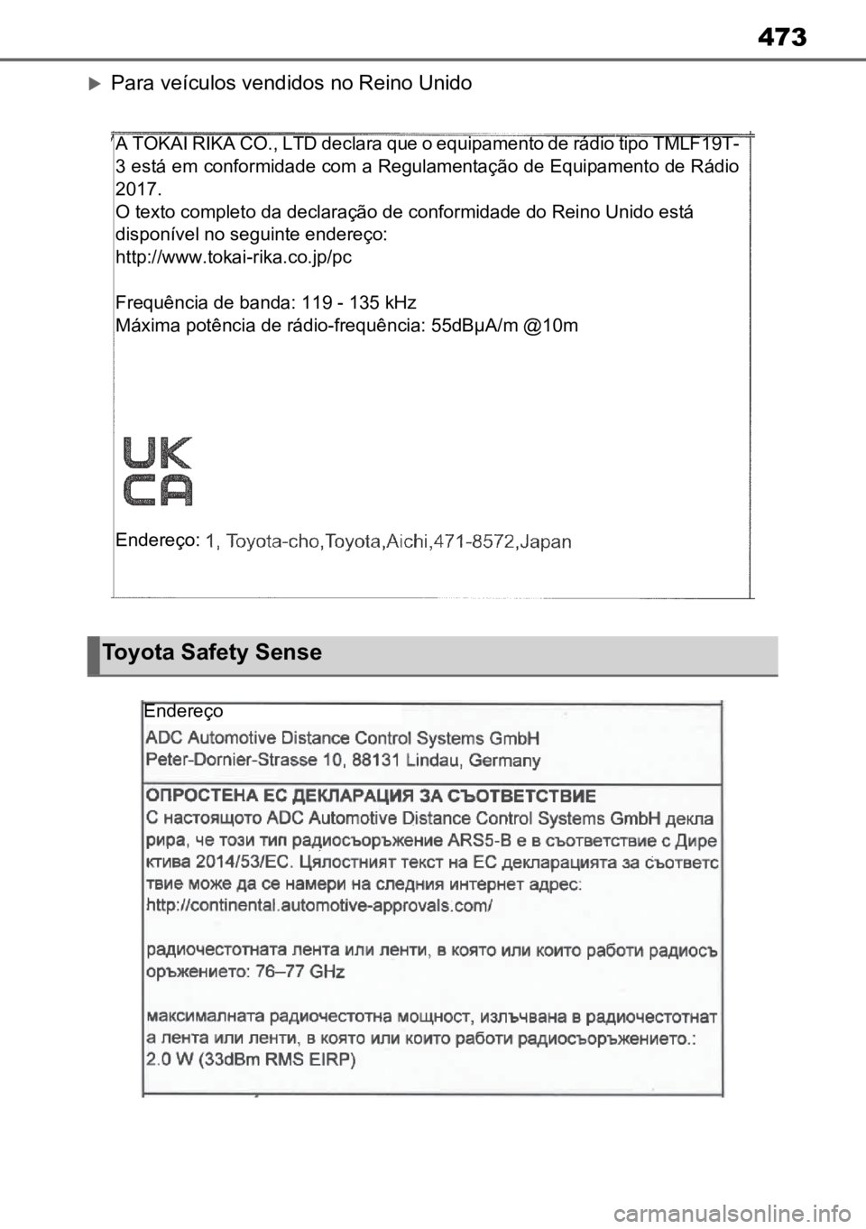 TOYOTA AYGO X 2022 Manual de utilização (in Portuguese) 473
Para veículos vendidos no Reino Unido
Toyota Safety Sense
A TOKAI RIKA CO., LTD declara que o equipamento de rádio tipo TMLF19T-
3 está em conformidade com a Regulamentação de Equipamento TOYOTA AYGO X 2022 Manual de utilização (in Portuguese) 473
Para veículos vendidos no Reino Unido
Toyota Safety Sense
A TOKAI RIKA CO., LTD declara que o equipamento de rádio tipo TMLF19T-
3 está em conformidade com a Regulamentação de Equipamento