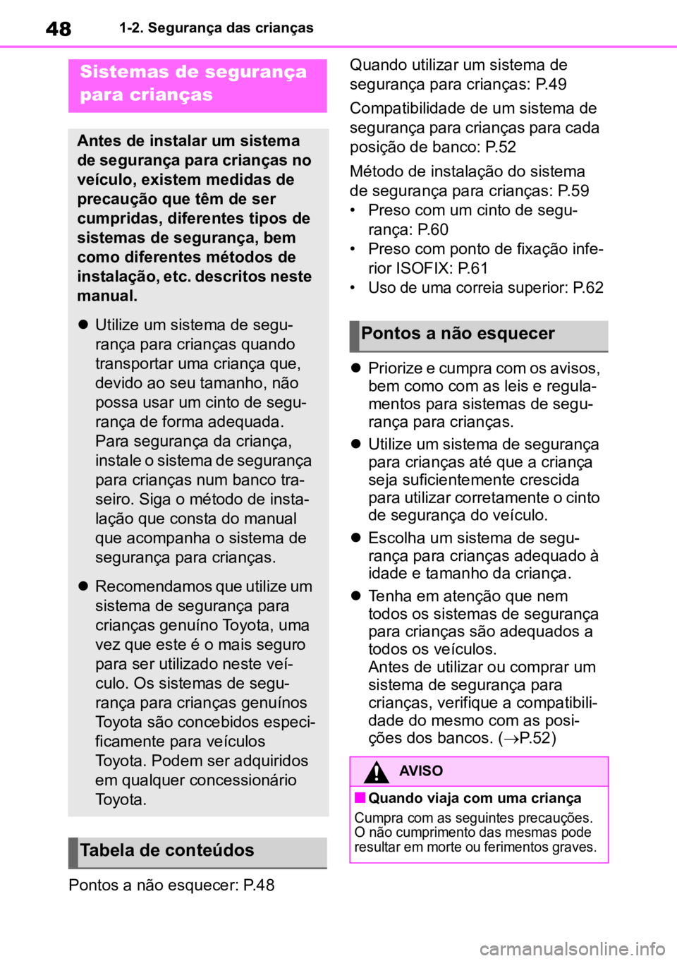 TOYOTA AYGO X 2022 Manual de utilização (in Portuguese) 481-2. Segurança das crianças
Pontos a não esquecer: P.48Quando utilizar um sistema de
segurança para crianças: P.49
Compatibilidade de um sistema de
segurança para crianças para cada
posiç TOYOTA AYGO X 2022 Manual de utilização (in Portuguese) 481-2. Segurança das crianças
Pontos a não esquecer: P.48Quando utilizar um sistema de
segurança para crianças: P.49
Compatibilidade de um sistema de
segurança para crianças para cada
posiç