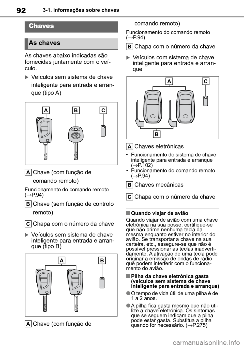 TOYOTA AYGO X 2022  Manual de utilização (in Portuguese) 923-1. Informações sobre chaves
3-1.Informações sobre chaves
As chaves abaixo indicadas são 
fornecidas juntamente com o veí-
culo.
Veículos sem sistema de chave 
inteligente para entrada e 