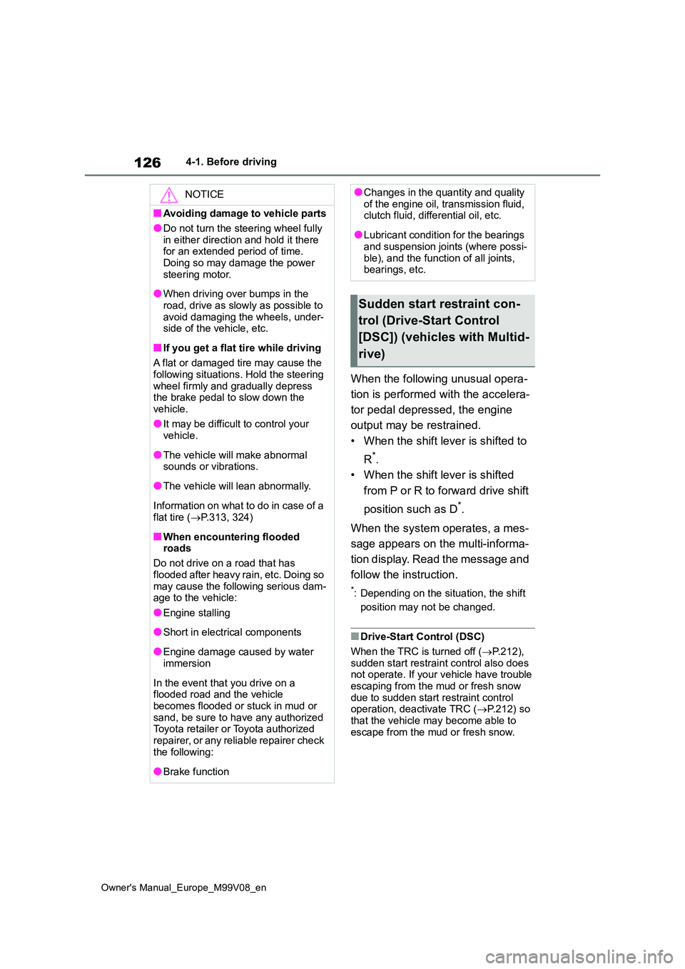 TOYOTA AYGO X 2022 Owners Manual (in English) 126
Owner's Manual_Europe_M99V08_en
4-1. Before driving
When the following unusual opera-
tion is performed with the accelera-
tor pedal depressed, the engine
output may be restrained.
• Wh TOYOTA AYGO X 2022 Owners Manual (in English) 126
Owner's Manual_Europe_M99V08_en
4-1. Before driving
When the following unusual opera-
tion is performed with the accelera-
tor pedal depressed, the engine
output may be restrained.
• Wh