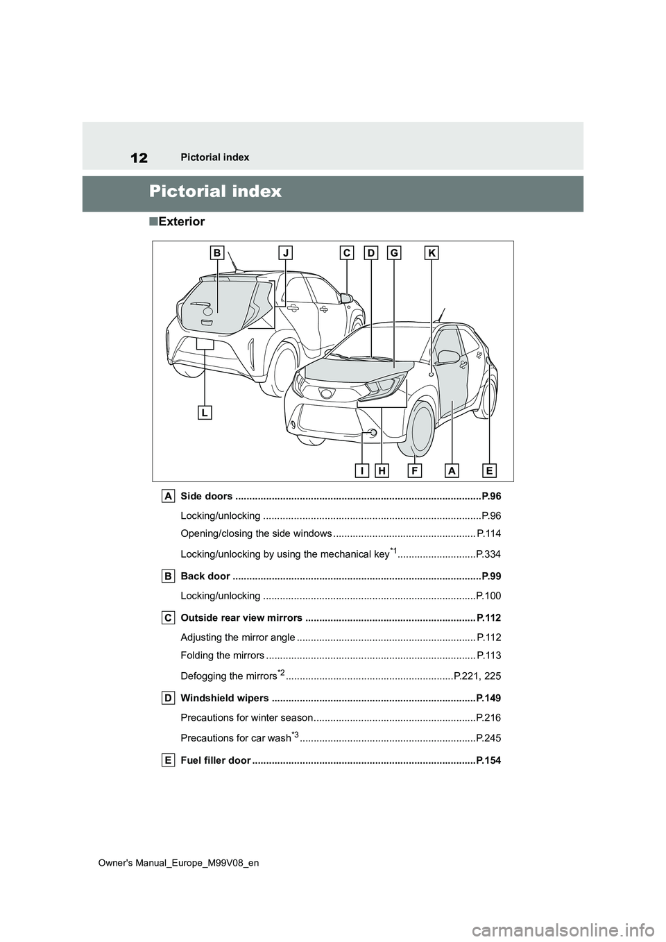 TOYOTA AYGO X 2022 (in English) User Guide 12
Owner's Manual_Europe_M99V08_en
Pictorial index
Pictorial index
■Exterior
Side doors ........................................................................................P.96
Locking/unlo TOYOTA AYGO X 2022 (in English) User Guide 12
Owner's Manual_Europe_M99V08_en
Pictorial index
Pictorial index
■Exterior
Side doors ........................................................................................P.96
Locking/unlo