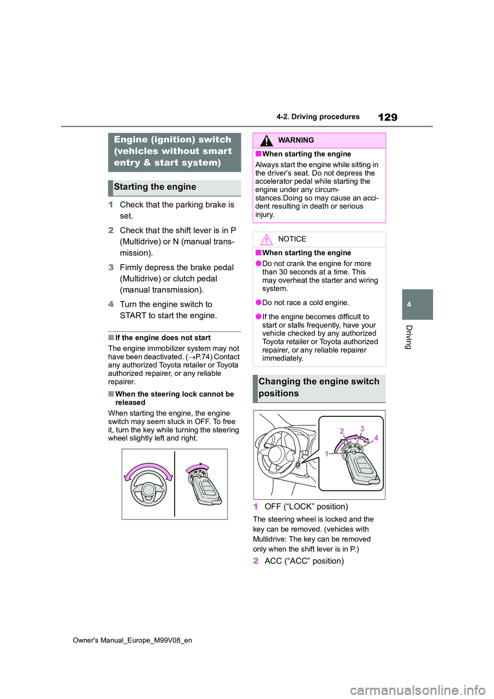 TOYOTA AYGO X 2022  Owners Manual (in English) 129
4
Owner's Manual_Europe_M99V08_en
4-2. Driving procedures
Driving
4-2.Driving pro cedu res
1Check that the parking brake is  
set. 
2 Check that the shift lever is in P  
(Multidrive) or N (ma