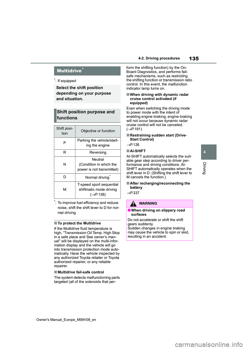 TOYOTA AYGO X 2022  Owners Manual (in English) 135
4
Owner's Manual_Europe_M99V08_en
4-2. Driving procedures
Driving
*: If equipped
*: To improve fuel efficiency and reduce  
noise, shift the shift lever to D for nor-
mal driving.
■To protec