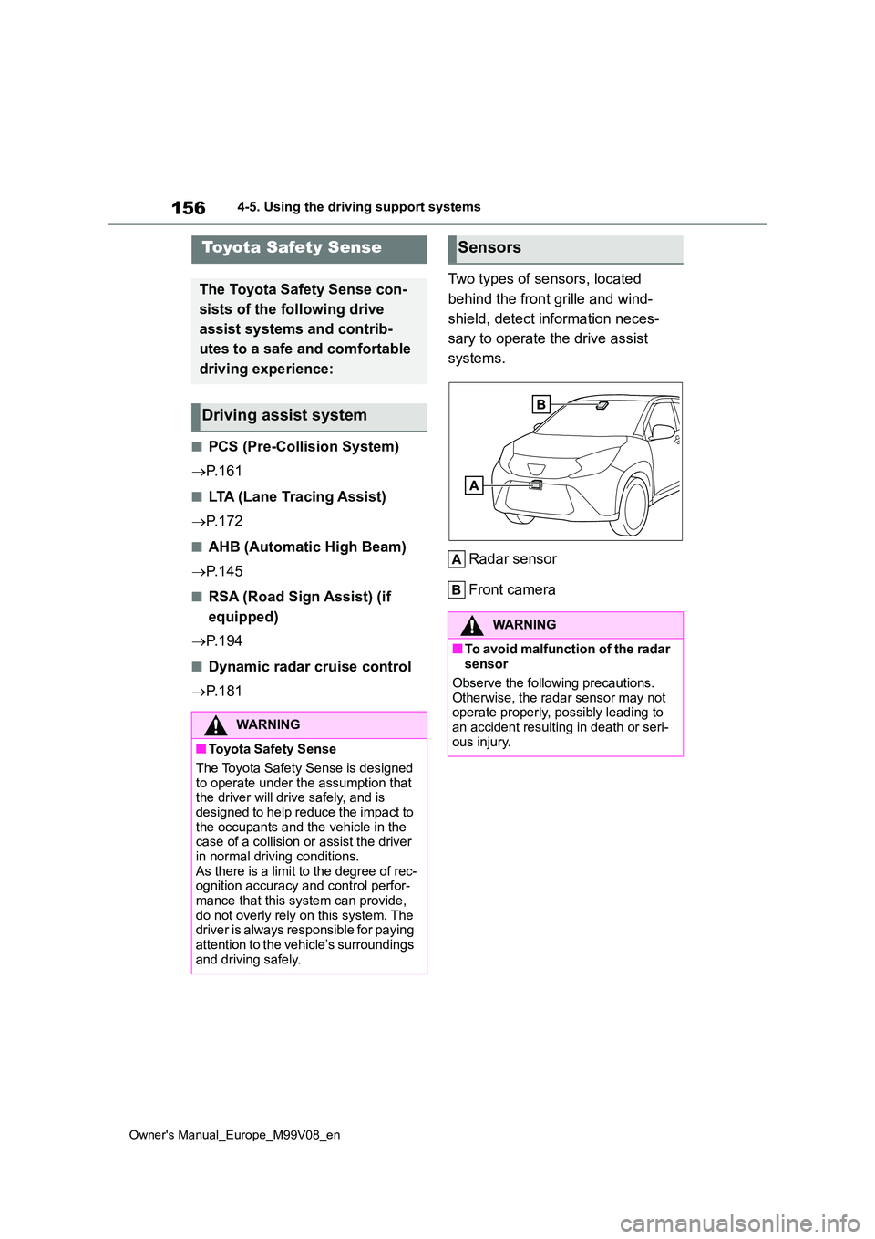 TOYOTA AYGO X 2022 Owners Manual (in English) 156
Owner's Manual_Europe_M99V08_en
4-5. Using the driving support systems
4-5.Using the d riving s upport sy ste ms
■PCS (Pre-Collision System)
P. 1 6 1
■LTA (Lane Tracing Assist)
TOYOTA AYGO X 2022 Owners Manual (in English) 156
Owner's Manual_Europe_M99V08_en
4-5. Using the driving support systems
4-5.Using the d riving s upport sy ste ms
■PCS (Pre-Collision System)
P. 1 6 1
■LTA (Lane Tracing Assist)
