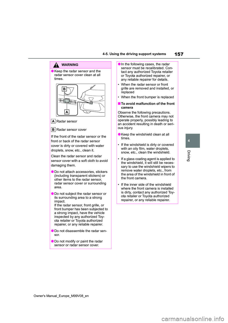 TOYOTA AYGO X 2022  Owners Manual (in English) 157
4
Owner's Manual_Europe_M99V08_en
4-5. Using the driving support systems
Driving
WARNING
●Keep the radar sensor and the  radar sensor cover clean at all  
times. 
Radar sensor 
Radar sensor 