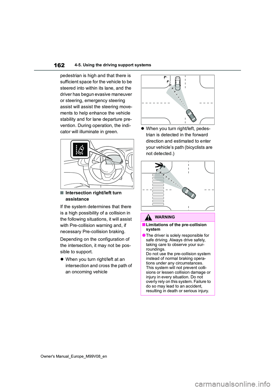 TOYOTA AYGO X 2022 Owners Manual (in English) 162
Owner's Manual_Europe_M99V08_en
4-5. Using the driving support systems
pedestrian is high and that there is
sufficient space for the vehicle to be
steered into within its lane, and the
d TOYOTA AYGO X 2022 Owners Manual (in English) 162
Owner's Manual_Europe_M99V08_en
4-5. Using the driving support systems
pedestrian is high and that there is
sufficient space for the vehicle to be
steered into within its lane, and the
d