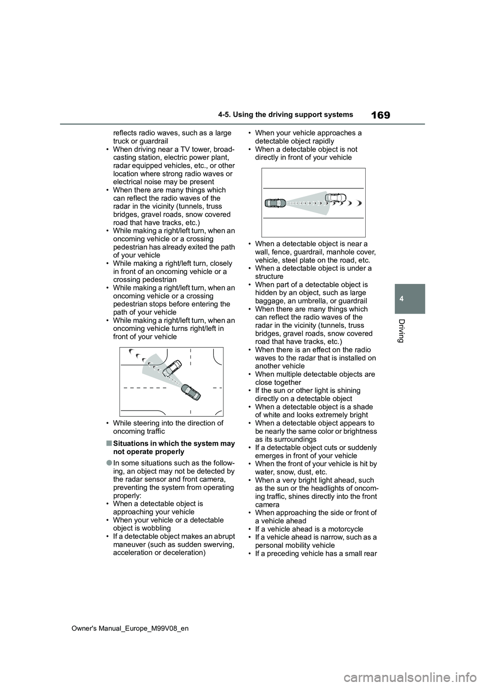 TOYOTA AYGO X 2022 (in English) User Guide 169
4
Owner's Manual_Europe_M99V08_en
4-5. Using the driving support systems
Driving
reflects radio waves, such as a large
truck or guardrail • When driving near a TV tower, broad-casting stat TOYOTA AYGO X 2022 (in English) User Guide 169
4
Owner's Manual_Europe_M99V08_en
4-5. Using the driving support systems
Driving
reflects radio waves, such as a large
truck or guardrail • When driving near a TV tower, broad-casting stat