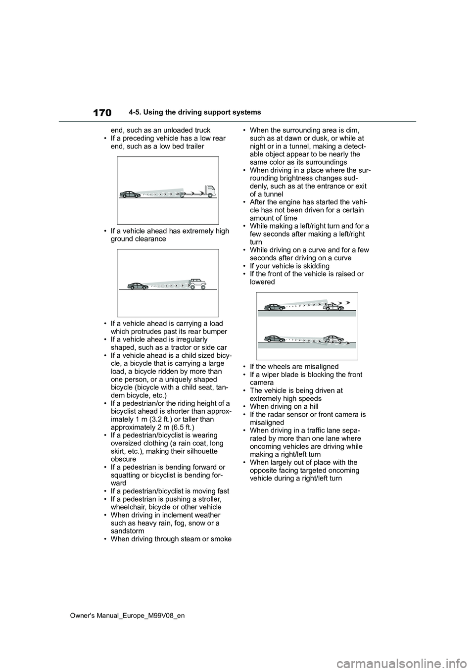 TOYOTA AYGO X 2022 (in English) User Guide 170
Owner's Manual_Europe_M99V08_en
4-5. Using the driving support systems
end, such as an unloaded truck
• If a preceding vehicle has a low rear end, such as a low bed trailer
• If a vehi TOYOTA AYGO X 2022 (in English) User Guide 170
Owner's Manual_Europe_M99V08_en
4-5. Using the driving support systems
end, such as an unloaded truck
• If a preceding vehicle has a low rear end, such as a low bed trailer
• If a vehi