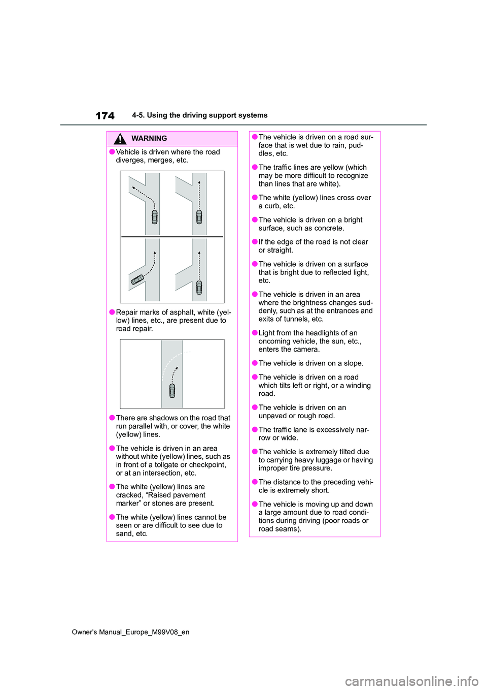 TOYOTA AYGO X 2022 Owners Manual (in English) 174
Owner's Manual_Europe_M99V08_en
4-5. Using the driving support systems
WARNING
●Vehicle is driven where the road diverges, merges, etc.
●Repair marks of asphalt, white (yel-low) lines, et TOYOTA AYGO X 2022 Owners Manual (in English) 174
Owner's Manual_Europe_M99V08_en
4-5. Using the driving support systems
WARNING
●Vehicle is driven where the road diverges, merges, etc.
●Repair marks of asphalt, white (yel-low) lines, et