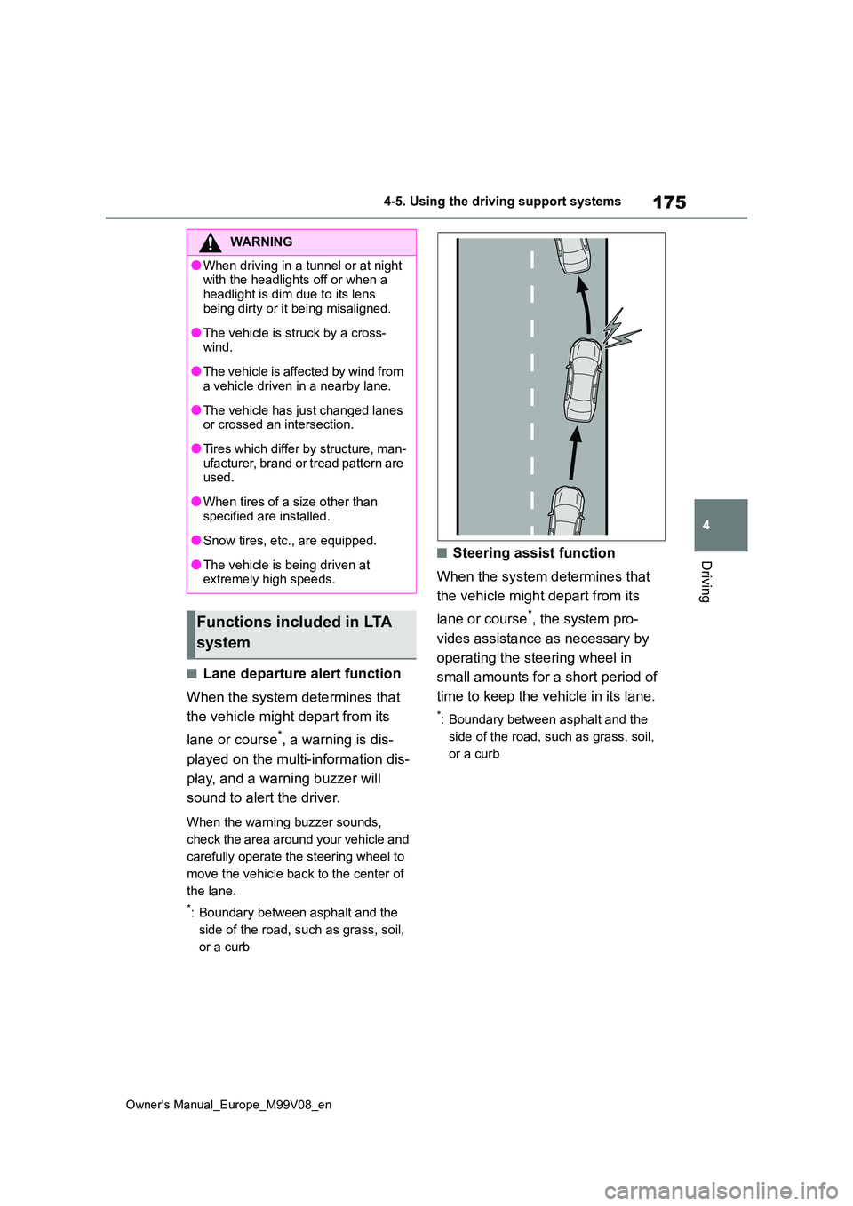 TOYOTA AYGO X 2022 Owners Manual (in English) 175
4
Owner's Manual_Europe_M99V08_en
4-5. Using the driving support systems
Driving
■Lane departure alert function
When the system determines that
the vehicle might depart from its
lane or TOYOTA AYGO X 2022 Owners Manual (in English) 175
4
Owner's Manual_Europe_M99V08_en
4-5. Using the driving support systems
Driving
■Lane departure alert function
When the system determines that
the vehicle might depart from its
lane or