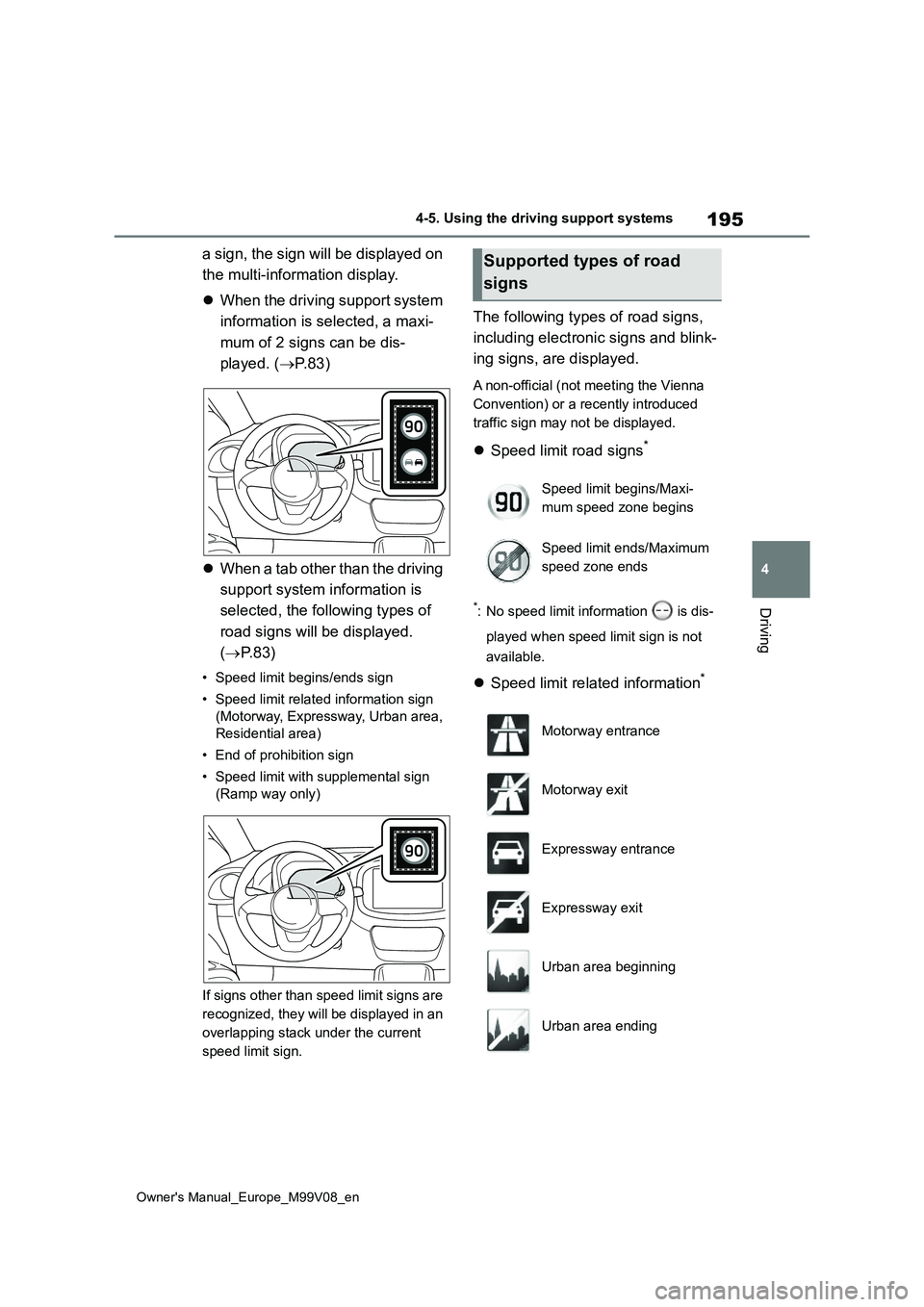 TOYOTA AYGO X 2022 (in English) Repair Manual 195
4
Owner's Manual_Europe_M99V08_en
4-5. Using the driving support systems
Driving
a sign, the sign will be displayed on
the multi-information display.
When the driving support system
i TOYOTA AYGO X 2022 (in English) Repair Manual 195
4
Owner's Manual_Europe_M99V08_en
4-5. Using the driving support systems
Driving
a sign, the sign will be displayed on
the multi-information display.
When the driving support system
i