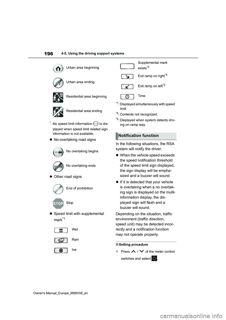 TOYOTA AYGO X 2022 (in English) Repair Manual 196
Owner's Manual_Europe_M99V08_en
4-5. Using the driving support systems
*: No speed limit information is dis-
played when speed limit related sign
information is not available.
No-over TOYOTA AYGO X 2022 (in English) Repair Manual 196
Owner's Manual_Europe_M99V08_en
4-5. Using the driving support systems
*: No speed limit information is dis-
played when speed limit related sign
information is not available.
No-over