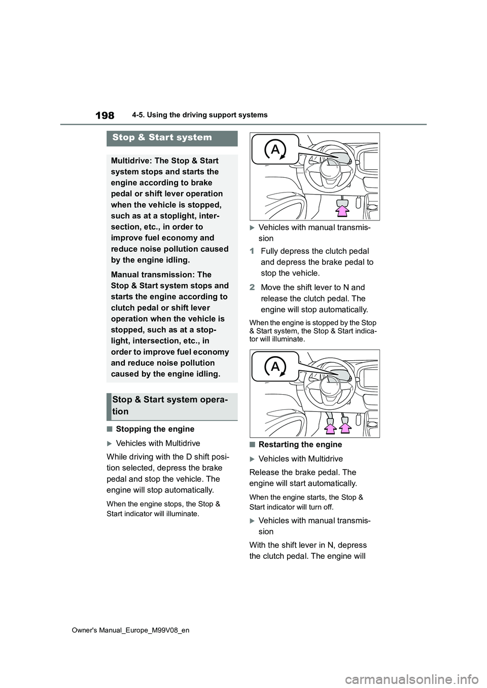 TOYOTA AYGO X 2022 (in English) Owners Guide 198
Owner's Manual_Europe_M99V08_en
4-5. Using the driving support systems
■Stopping the engine
Vehicles with Multidrive
While driving with the D shift posi-
tion selected, depress the brak TOYOTA AYGO X 2022 (in English) Owners Guide 198
Owner's Manual_Europe_M99V08_en
4-5. Using the driving support systems
■Stopping the engine
Vehicles with Multidrive
While driving with the D shift posi-
tion selected, depress the brak