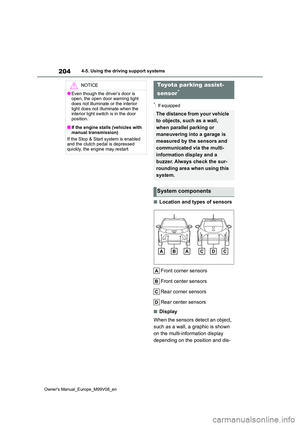 TOYOTA AYGO X 2022 (in English) Owners Manual 204
Owner's Manual_Europe_M99V08_en
4-5. Using the driving support systems
*: If equipped
■Location and types of sensors
Front corner sensors
Front center sensors
Rear corner sensors
Rear ce TOYOTA AYGO X 2022 (in English) Owners Manual 204
Owner's Manual_Europe_M99V08_en
4-5. Using the driving support systems
*: If equipped
■Location and types of sensors
Front corner sensors
Front center sensors
Rear corner sensors
Rear ce