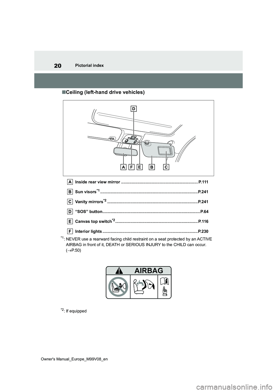 TOYOTA AYGO X 2022 (in English) Owners Manual 20
Owner's Manual_Europe_M99V08_en
Pictorial index
■Ceiling (left-hand drive vehicles)
Inside rear view mirror .................................................................. P.111
Sun visor TOYOTA AYGO X 2022 (in English) Owners Manual 20
Owner's Manual_Europe_M99V08_en
Pictorial index
■Ceiling (left-hand drive vehicles)
Inside rear view mirror .................................................................. P.111
Sun visor