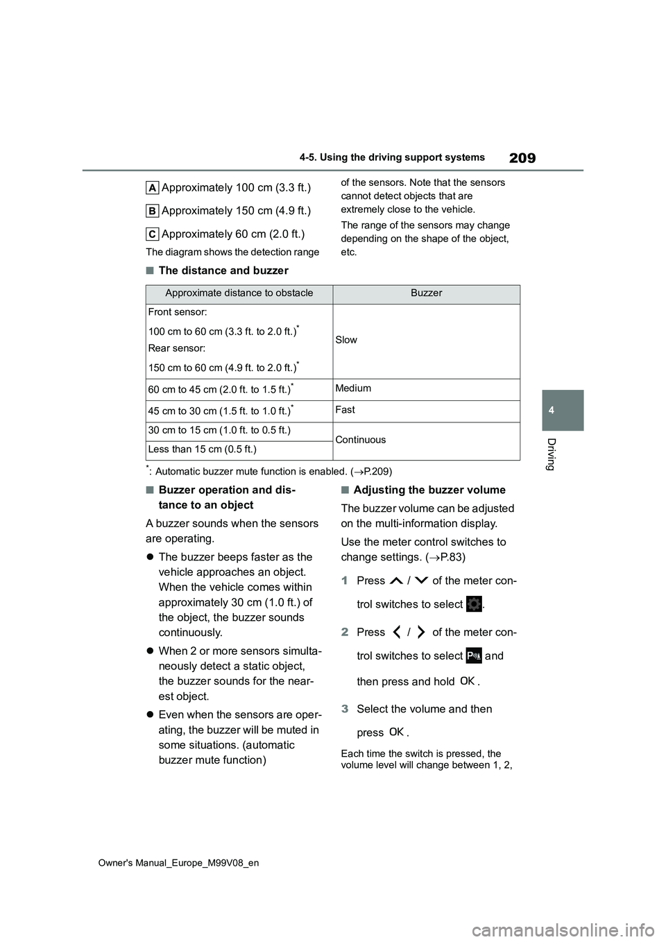 TOYOTA AYGO X 2022   (in English) Owners Manual 209
4
Owner's Manual_Europe_M99V08_en
4-5. Using the driving support systems
Driving
Approximately 100 cm (3.3 ft.) 
Approximately 150 cm (4.9 ft.) 
Approximately 60 cm (2.0 ft.)
The diagram shows