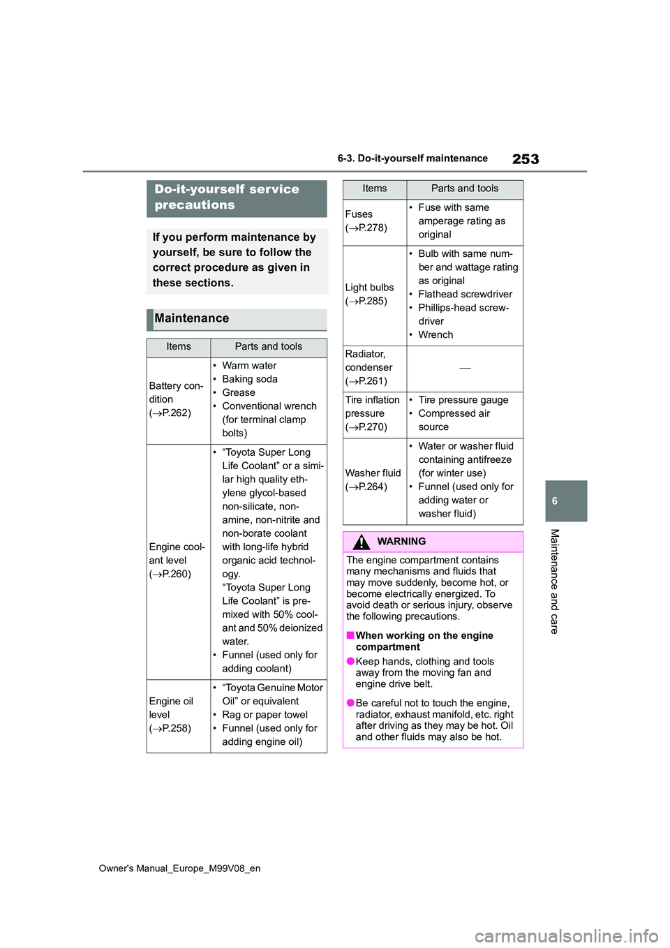 TOYOTA AYGO X 2022  Owners Manual (in English) 253
6
Owner's Manual_Europe_M99V08_en
6-3. Do-it-yourself maintenance
Maintenance and care
6-3.Do-it-y ours elf main ten ance
Do-it-yourself  ser vice  
precautions
If you perform maintenance by  