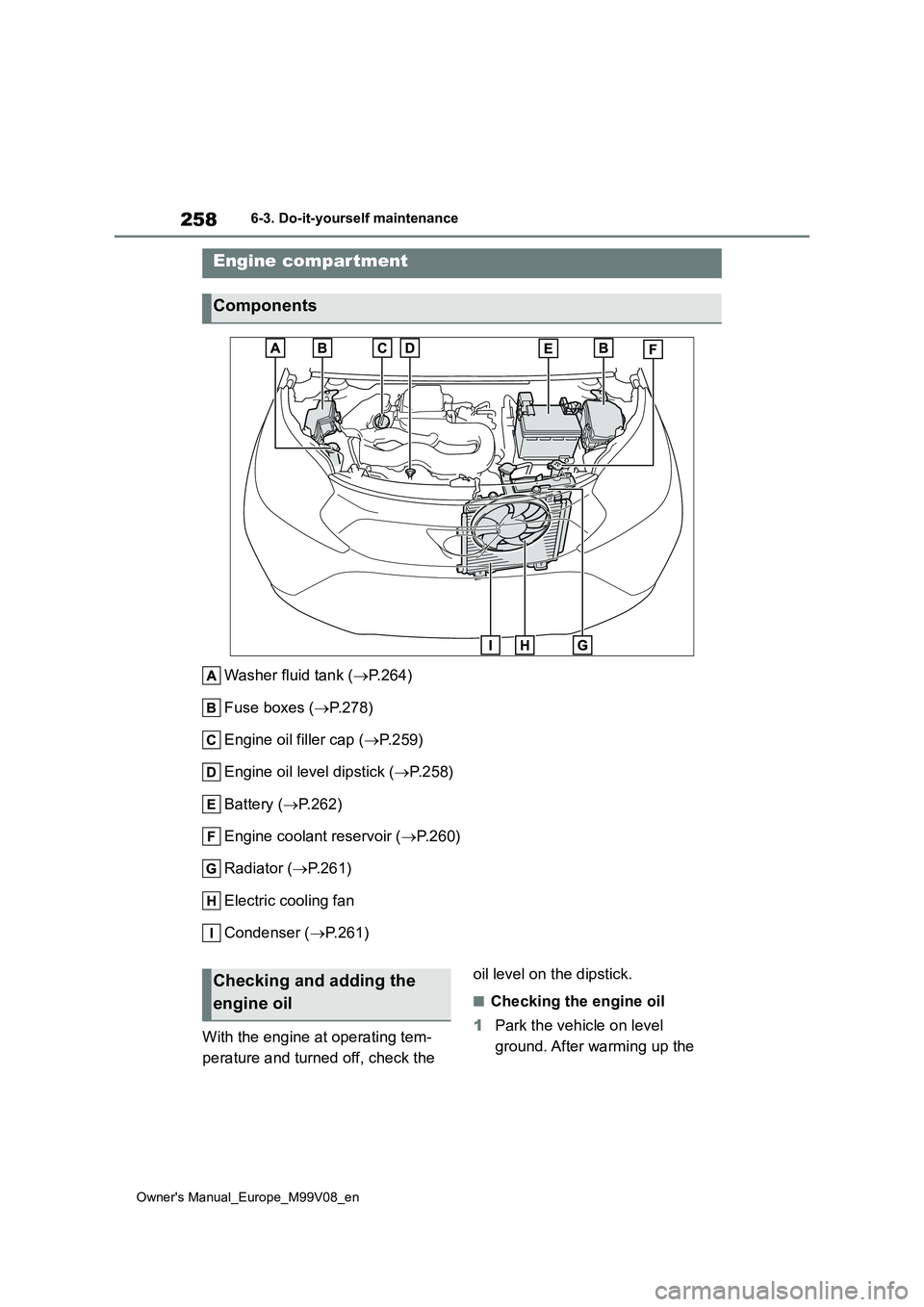TOYOTA AYGO X 2022  Owners Manual (in English) 258
Owner's Manual_Europe_M99V08_en
6-3. Do-it-yourself maintenance
Washer fluid tank (P.264) 
Fuse boxes ( P.278) 
Engine oil filler cap ( P.259) 
Engine oil level dipstick ( P.258) 
