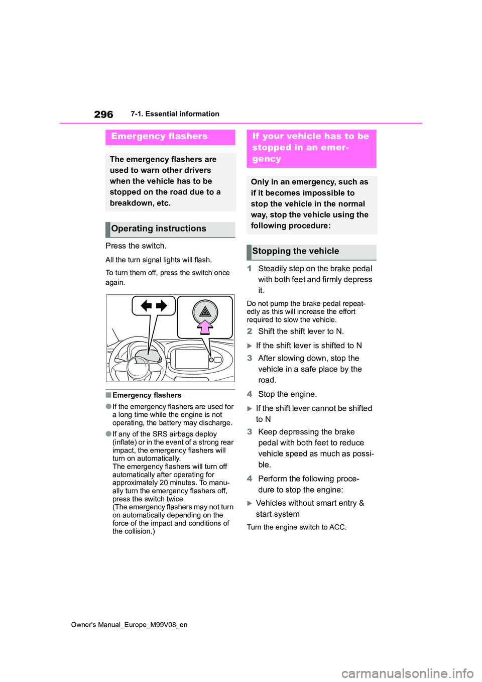 TOYOTA AYGO X 2022 Owners Manual (in English) 296
Owner's Manual_Europe_M99V08_en
7-1. Essential information
7-1.Esse ntial informa tion
Press the switch.
All the turn signal lights will flash.
To turn them off, press the switch once
again TOYOTA AYGO X 2022 Owners Manual (in English) 296
Owner's Manual_Europe_M99V08_en
7-1. Essential information
7-1.Esse ntial informa tion
Press the switch.
All the turn signal lights will flash.
To turn them off, press the switch once
again