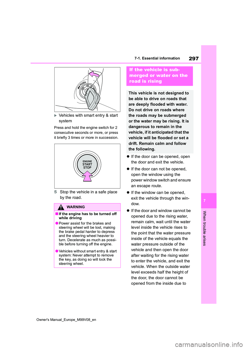 TOYOTA AYGO X 2022  Owners Manual (in English) 297
7
Owner's Manual_Europe_M99V08_en
7-1. Essential information
When trouble arises
Vehicles with smart entry & start  
system
Press and hold the engine switch for 2  
consecutive seconds or m