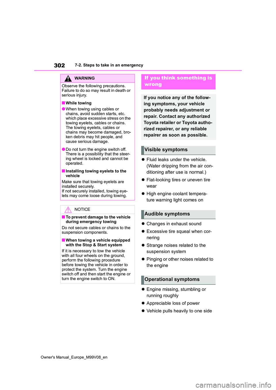 TOYOTA AYGO X 2022 Owners Manual (in English) 302
Owner's Manual_Europe_M99V08_en
7-2. Steps to take in an emergency
Fluid leaks under the vehicle.
(Water dripping from the air con-
ditioning after use is normal.)
Flat-looking tires TOYOTA AYGO X 2022 Owners Manual (in English) 302
Owner's Manual_Europe_M99V08_en
7-2. Steps to take in an emergency
Fluid leaks under the vehicle.
(Water dripping from the air con-
ditioning after use is normal.)
Flat-looking tires