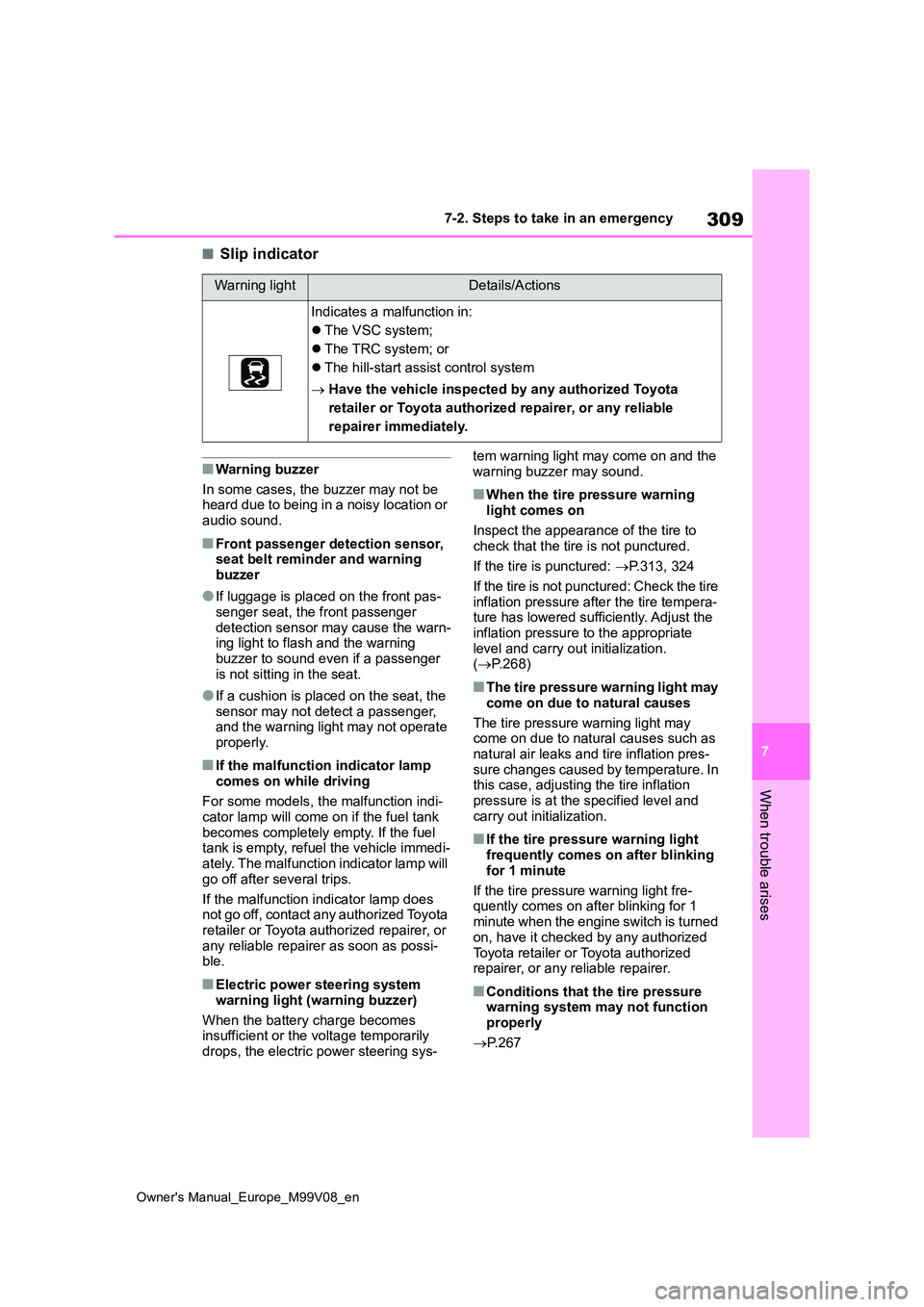 TOYOTA AYGO X 2022  Owners Manual (in English) 309
7
Owner's Manual_Europe_M99V08_en
7-2. Steps to take in an emergency
When trouble arises
■Slip indicator
■Warning buzzer 
In some cases, the buzzer may not be  heard due to being in a nois