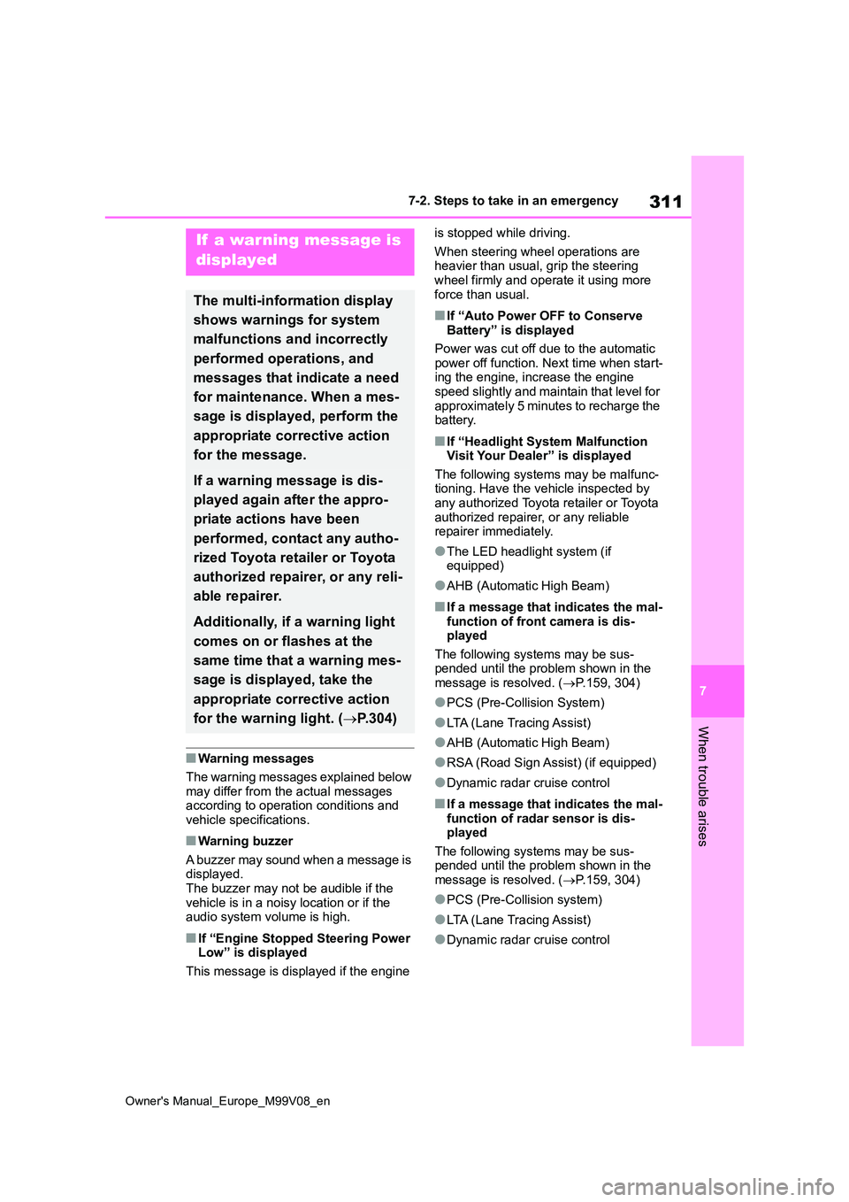 TOYOTA AYGO X 2022 (in English) Owners Guide 311
7
Owner's Manual_Europe_M99V08_en
7-2. Steps to take in an emergency
When trouble arises
â– Warning messages
The warning messages explained below
may differ from the actual messages accord TOYOTA AYGO X 2022 (in English) Owners Guide 311
7
Owner's Manual_Europe_M99V08_en
7-2. Steps to take in an emergency
When trouble arises
â– Warning messages
The warning messages explained below
may differ from the actual messages accord