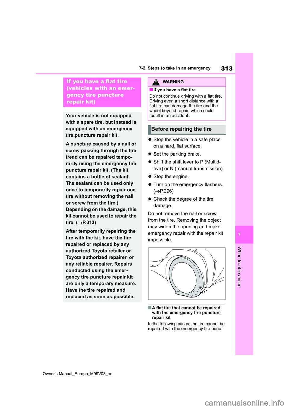 TOYOTA AYGO X 2022  Owners Manual (in English) 313
7
Owner's Manual_Europe_M99V08_en
7-2. Steps to take in an emergency
When trouble arises
Stop the vehicle in a safe place  
on a hard, flat surface. 
 Set the parking brake. 
 Shift t